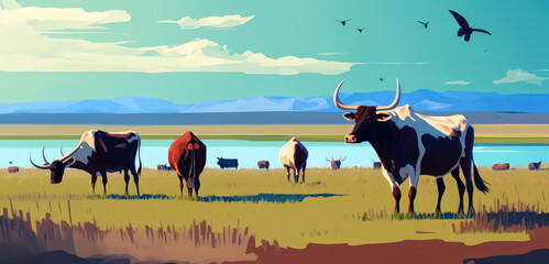 The cattle on the Hulunbuir summer grassland. Generative AI