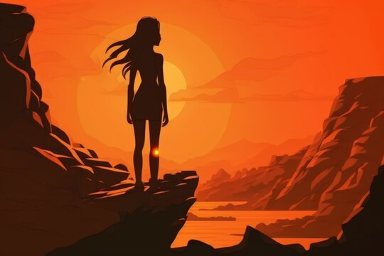 standing on a rock and maintaining a straight face. Concept of beauty and nature. sunset in orange. Sunset silhouette of a girl. Generative AI