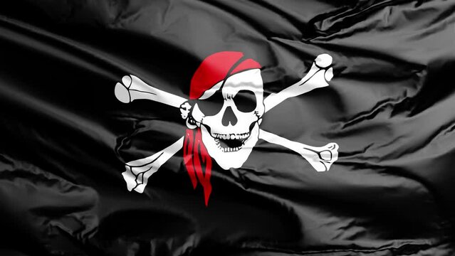 Waving flag of Pirate flag Jolly Roger Skull and crossed swords. 4K seamless loop 3D render animation. Beautiful high detail fabric cloth satin texture with wrinkles. Fullscreen close up, slow motion