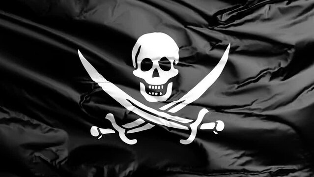 Waving flag of Pirate flag Jolly Roger Skull and crossbones. 4K seamless loop 3D render animation. Beautiful high detail fabric cloth satin texture with wrinkles. Fullscreen close up, slow motion