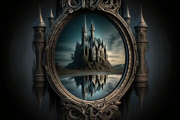 Dark castle with mirror in gothic style. AI