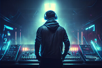 DJ with headphones at night club party under the blue light and smoke in night club. back view. High quality ai generated illustration. Portrait of confident young DJ with headphones.