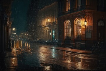 Old night city lit by street lamps during the rain, empty streets, wet asphalt. AI