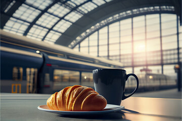 Croissant with coffee, breakfast at the train station - obrazy, fototapety, plakaty