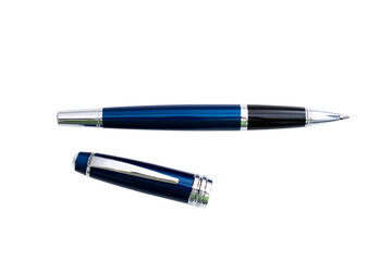 Classic roller fountain pen with blue cap, isolated, transparent background, PNG.