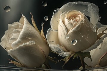 Buds of white roses with raindrops. AI