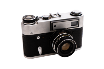 Vintage film camera and lens, isolated, transparent background, PNG.