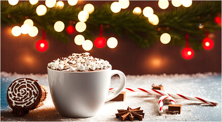 Christmas Banner with White Cup with Hot Chocolate  with Beautiful Garland Lights New Year Celebration