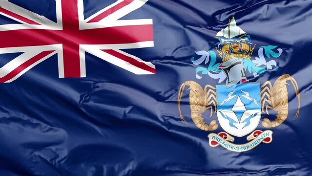 Waving flag of Tristan da Cunha UK. 4K seamless loop 3D render animation. Beautiful high detail fabric cloth satin texture with wrinkles. Fullscreen close up, slow motion