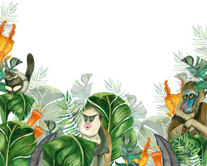 Jungle. Rectangular composition green plants, orange jungle flowers along with monkeys on a white background. All elements are hand-drawn in watercolor. Suitable for printing, children's, textiles.