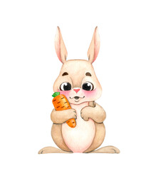 Cute cartoon hare with a carrot, hand drawn. Watercolor illustration isolated on a white background.