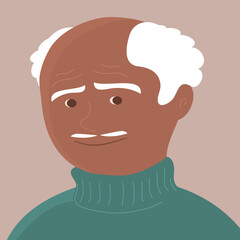 Portrait of a old african american man with a happy smile. Grandfather face. Gray hair. Flat vector illustration