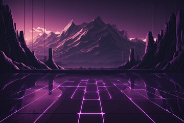 Futuristic neon background with a grid on the background of the mountains. Generative ai.
