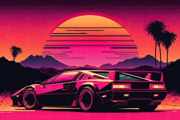 Obraz na płótnie Canvas Neon sunset on the background of mountains, futuristic car, retrowave, 80s. Generative ai.