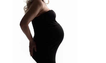 banner. without a face. a pregnant woman in a black dress on a white background