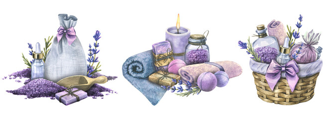 Handmade cosmetics, bath salts, soap, candles, bath bombs. Watercolor illustration. A set of compositions from the LAVENDER SPA collection. For the design and design of the logo, the menu of the salon - obrazy, fototapety, plakaty