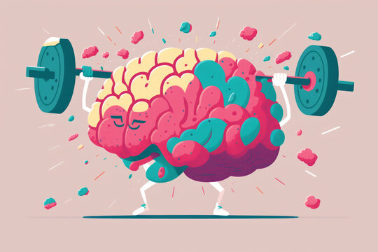 Mental Health, concept of human brain lifting heavy weights 02, generative ai