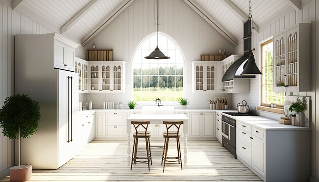 4K Resolution Or Higher, Spacious And Modern Farmhouse Style Kitchen. Generative AI Technology