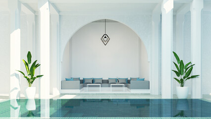 
Modern luxury riad living room garden and swimming pool in courtyard, morocco style - 3D render - obrazy, fototapety, plakaty