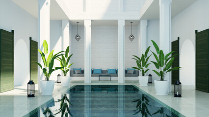 
Modern luxury riad living room garden and swimming pool in courtyard, morocco style - 3D render