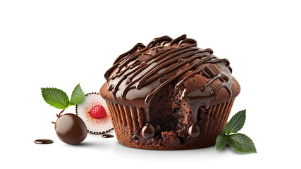 Chocolate muffin cake with melted chocolate on top isolated white background dessert food