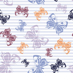 Obraz na płótnie Canvas Flying butterfly silhouettes over striped background vector seamless pattern.