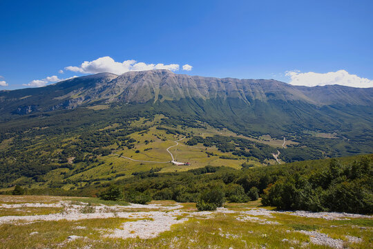 Panorama in the province of L'Aquila in Italy with Monte Amaro massif and Passo San Leonardo.