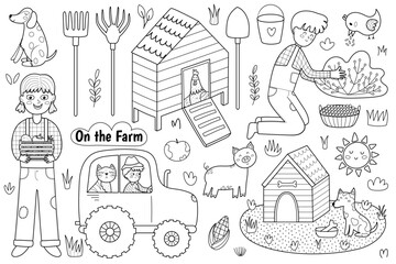 On the farm cute set with animals and kids farmers in black and white. Countryside life elements collection in cartoon style for coloring page. Boy and cat on a tractor and other. Vector illustration