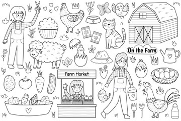 On the farm black and white set with cute animals and kids farmers. Countryside life elements in cartoon style for coloring page. Sheep shearing, farm market, hen and others. Vector illustration