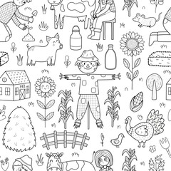 Obraz premium Black and white cute farm seamless pattern with scarecrow, pig, cow, kids farmers. Funny countryside background in cartoon style for coloring page, fabric and textile. Vector illustration