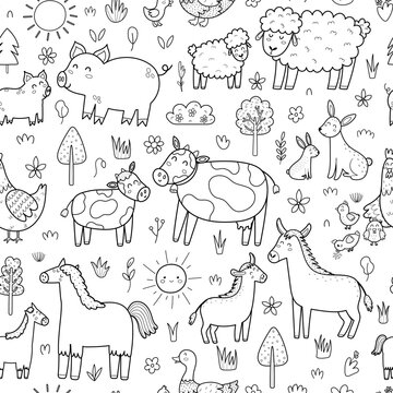 Black and white mother and baby animals seamless pattern. Farm characters moms with their babies background for coloring page. Vector illustration