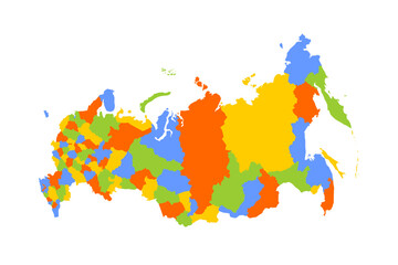 Russia political map of administrative divisions - oblasts, republics, autonomous okrugs, krais, autonomous oblast and 2 federal cities of Moscow and Saint Petersburg. Blank colorful vector map.