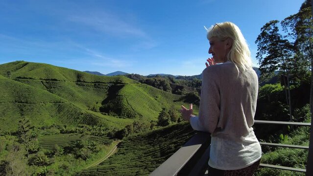 woman admiring breathtaking views of the tea plantation in Cameron Highlands, Malaysia. Leaves produced here are of the highest quality in the world. with rolling hills and verdant tea fields.