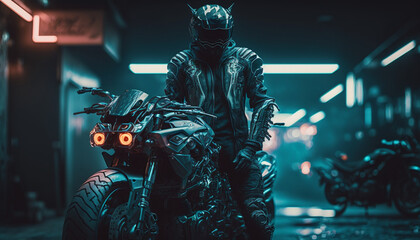 biker on motorcycle cyberpunk