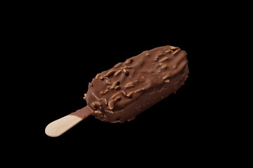 Chocolate ice cream on a stick on black background