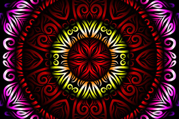 Beautiful caleidoscope symmetrical colourful gradient flowers line art of traditional abstract symbol batik dayak ornament design template elements
