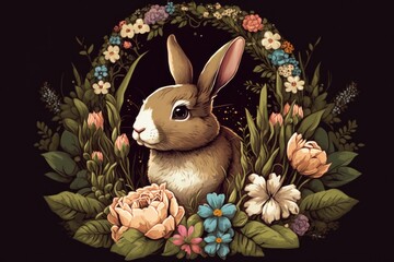 Retro illustration of rabbit surrounded by flowers