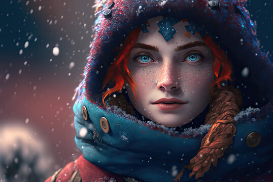 a digital painting of a woman wearing a hat and scarf