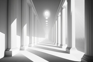 In a lengthy, white corridor, the sunshine filters through the columns. Generative AI