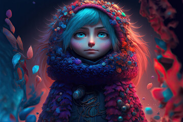 a painting of a girl with blue hair wearing a scarf