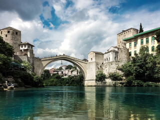 River flows under the famous bridge at Mostar in Bosnia and Herzegovina