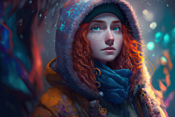 a painting of a woman with red hair and a blue scarf and hoodie