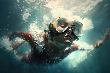 Naklejka premium Illustration of a diver in art style. Futuristic sports concept. AI generation