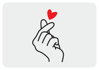 Obraz premium Cute Finger Heart Gesture Hand Design, K-Pop Love Icon, Vector Template Isolated on Light Blue Background. Outline Hand With Love Symbol Drawing