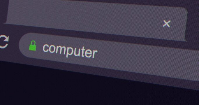 Typing computer into address bar search screen animation, screen view of search page 4K resolution