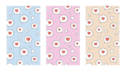Cute Love Dating Story Set of 3. Heart Symbols in a Chat Bubbles, Digital Posters, Social media and Print