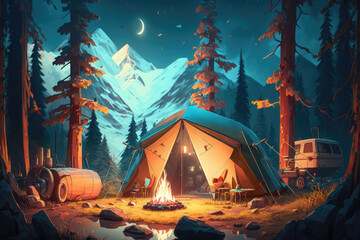 Summer night camp with tent, campfire, trees, lake and mountains on background. AI generation