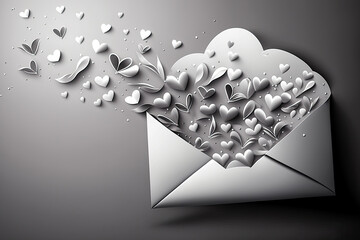 A floating wedding invitation card or letter, envelope, a Valentine's Day, love letter with silver hearts flying aroun, isolated on dark white background with dropshadow (generative AI) 