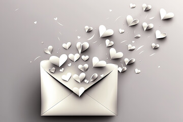A wedding invitation letter envelope, a Valentine's Day, love letter with silver hearts flying around