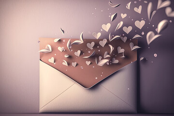 A floating wedding invitation card or letter, envelope, and a Valentine's Day love letter with pink  paper and silver hearts flying around, all isolated on a white background with a drop shadow 